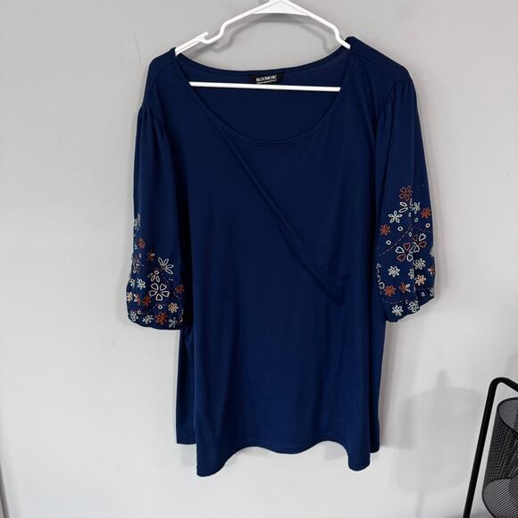 BloomChic Tops - BloomChic Blue 3/4 Sleeve Top w/ Floral Embroidery Women's Plus Size 22 - 24
